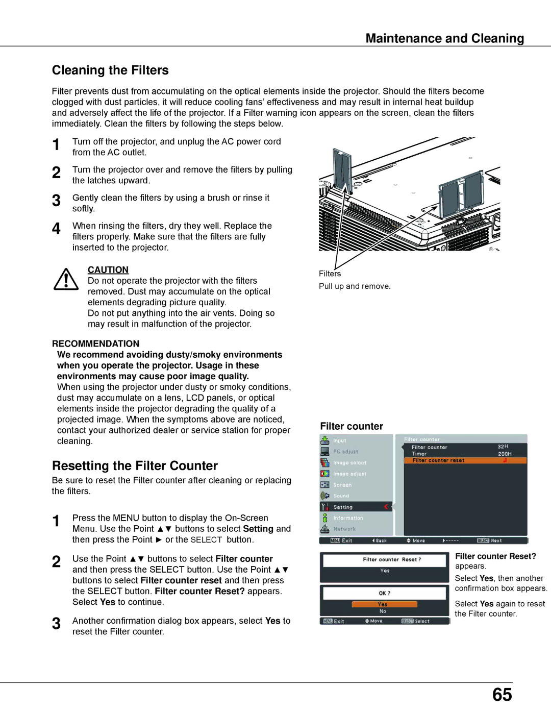 Eiki LC-WB42N Maintenance and Cleaning Cleaning the Filters, Resetting the Filter Counter, Filter counter Reset? 