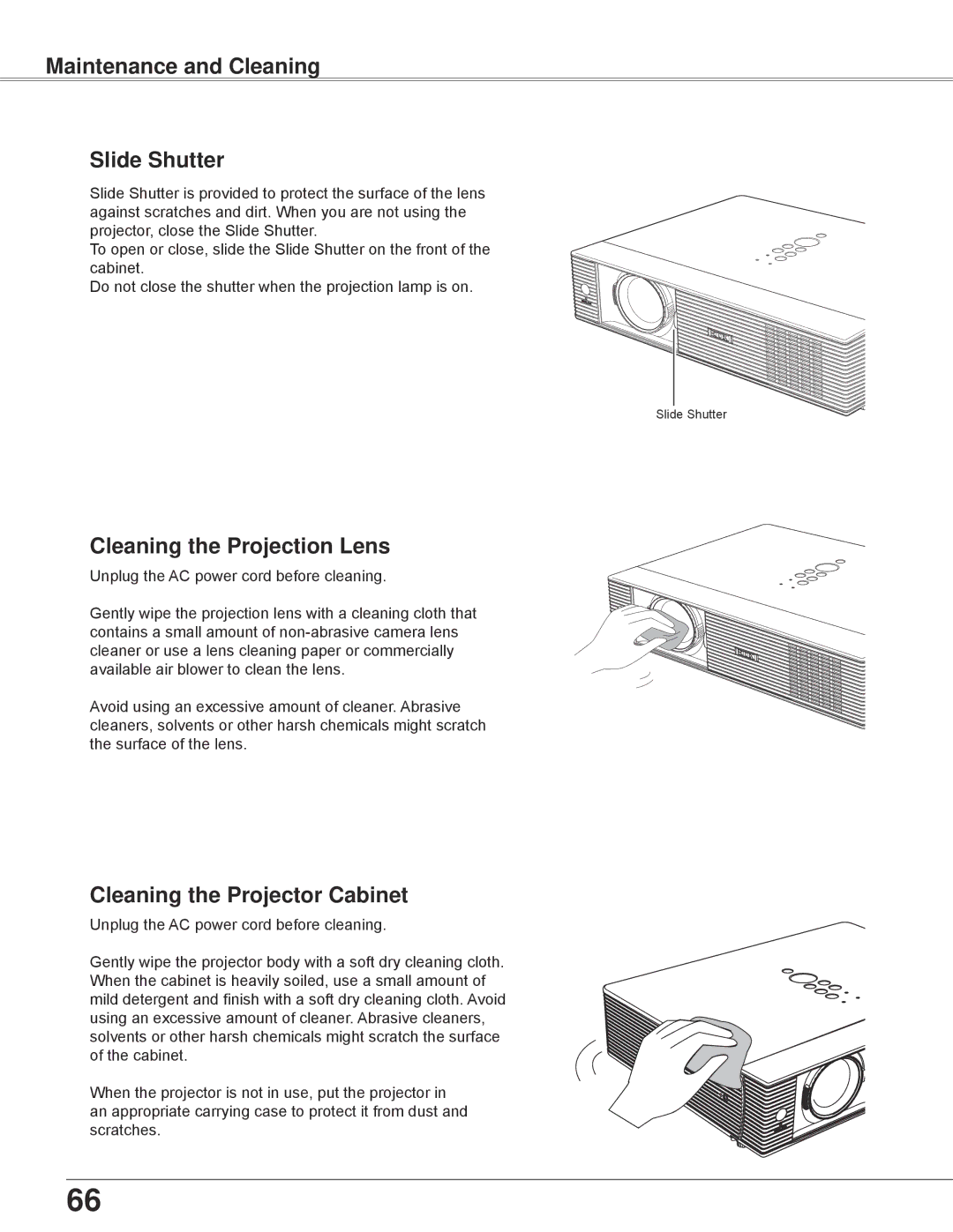 Eiki LC-WB42N Maintenance and Cleaning Slide Shutter, Cleaning the Projection Lens, Cleaning the Projector Cabinet 