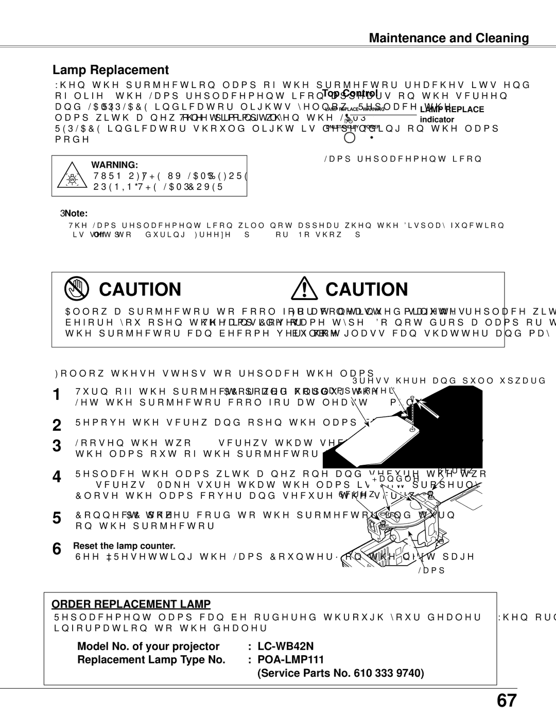 Eiki LC-WB42N owner manual Maintenance and Cleaning Lamp Replacement, Reset the lamp counter, Lamp Replace indicator 