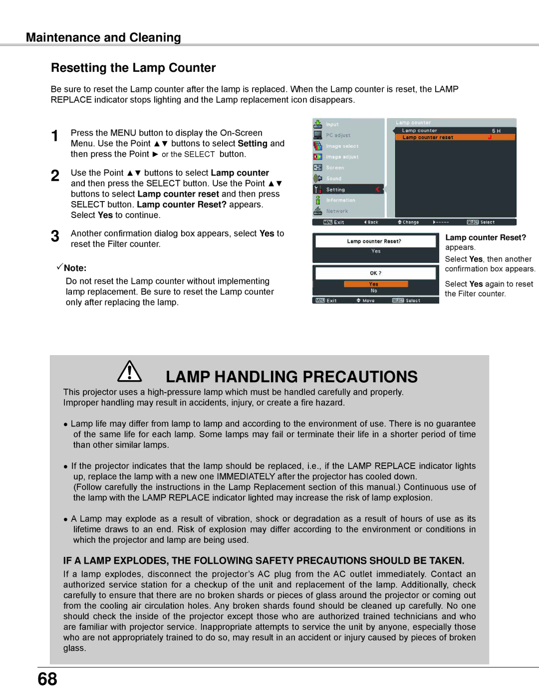 Eiki LC-WB42N owner manual Maintenance and Cleaning Resetting the Lamp Counter, Lamp counter Reset? 