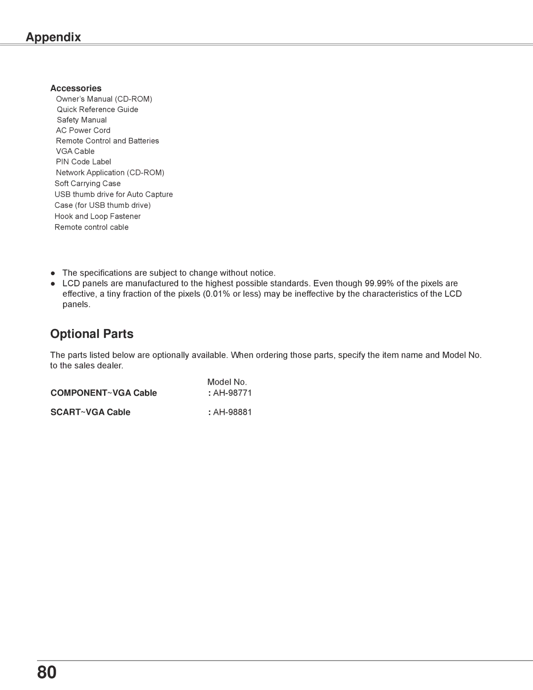 Eiki LC-WB42N owner manual Optional Parts, Accessories, Model No, COMPONENT~VGA Cable AH-98771 SCART~VGA Cable AH-98881 