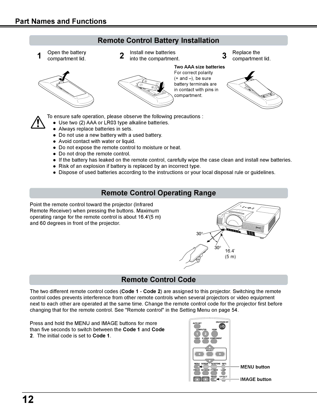 Eiki LC-WS250 Remote Control Operating Range, Remote Control Code, Two AAA size batteries, Menu button Image button 