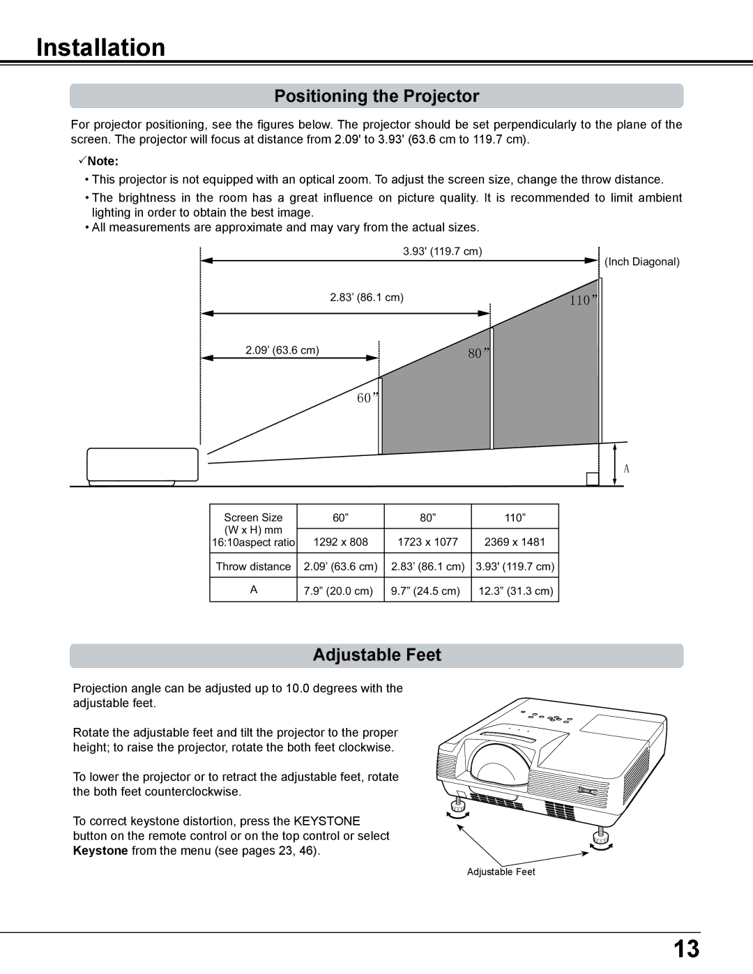 Eiki LC-WS250 owner manual Installation, Positioning the Projector, Adjustable Feet 