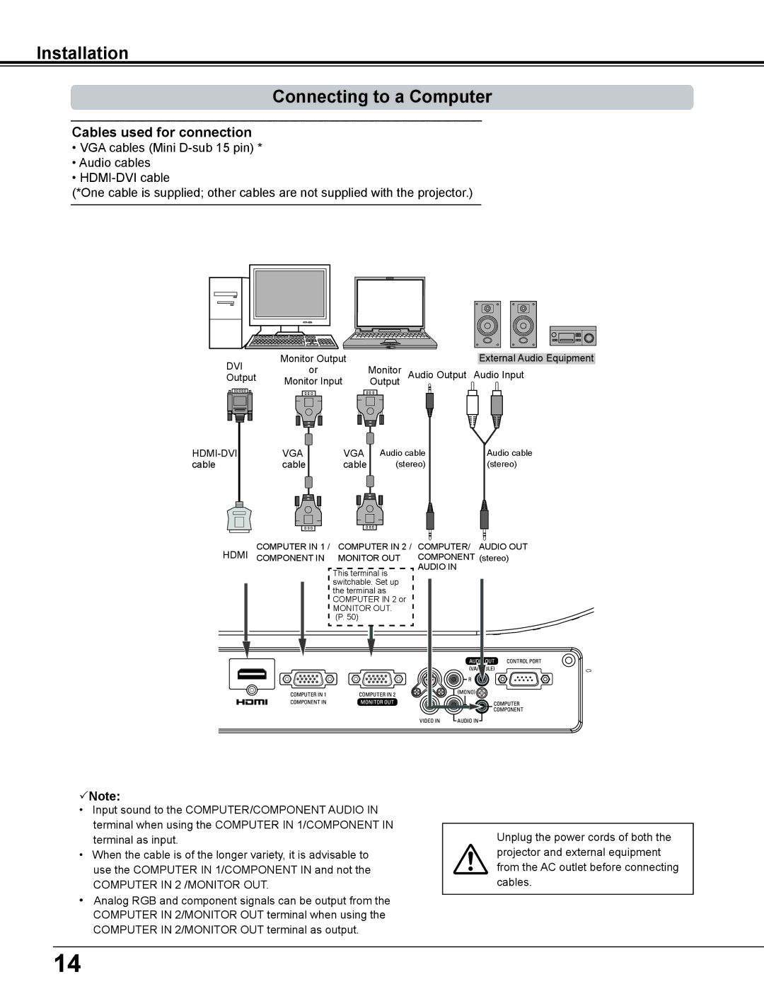 Eiki LC-WS250 owner manual Installation Connecting to a Computer, Cables used for connection 