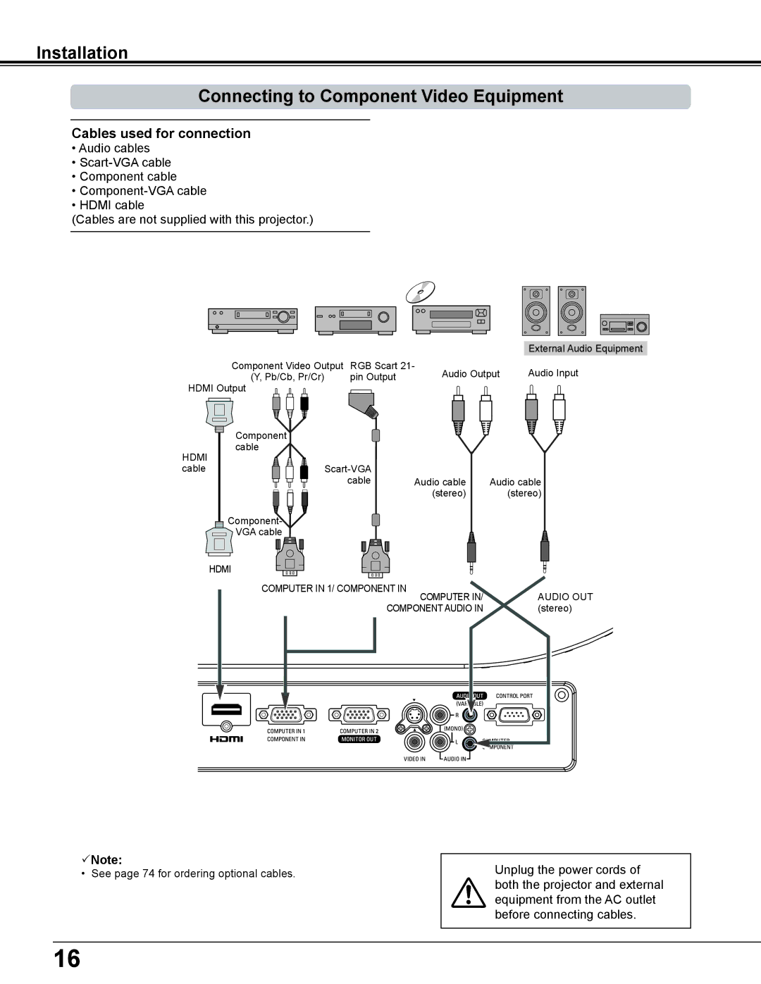 Eiki LC-WS250 owner manual Installation Connecting to Component Video Equipment 