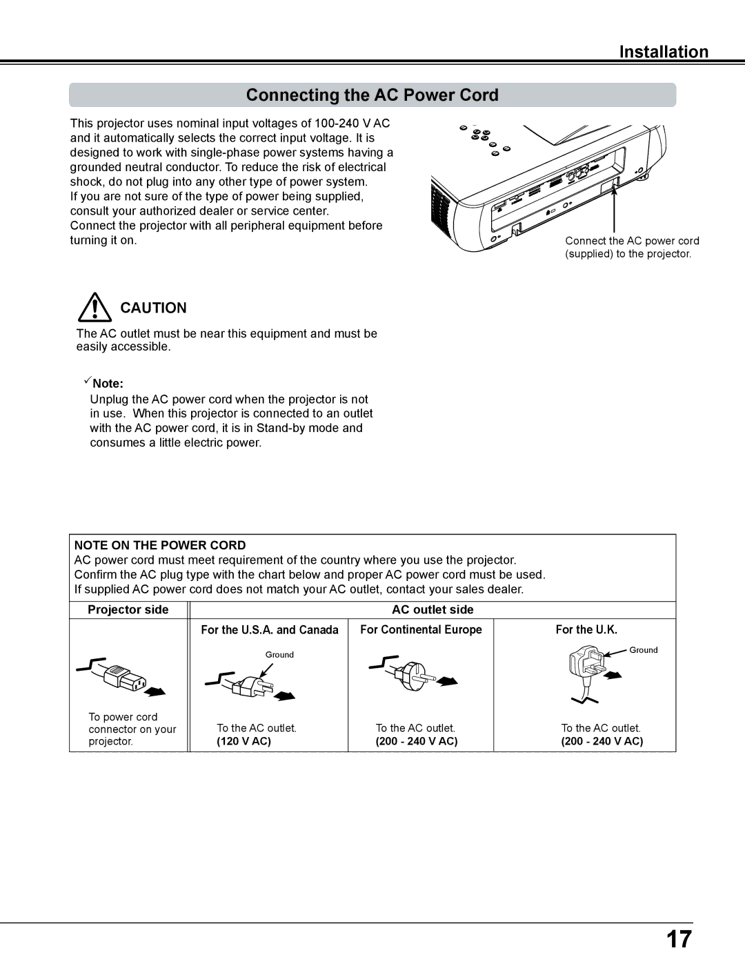 Eiki LC-WS250 Installation Connecting the AC Power Cord, Projector side AC outlet side, For the U..S..A.. and Canada 