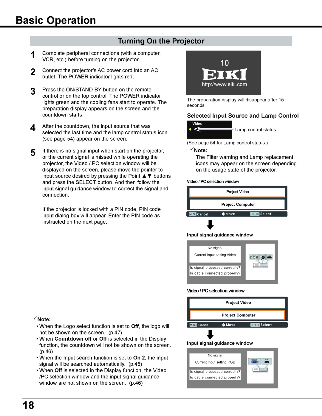 Eiki LC-WS250 owner manual Basic Operation, Turning On the Projector, Selected Input Source and Lamp Control 