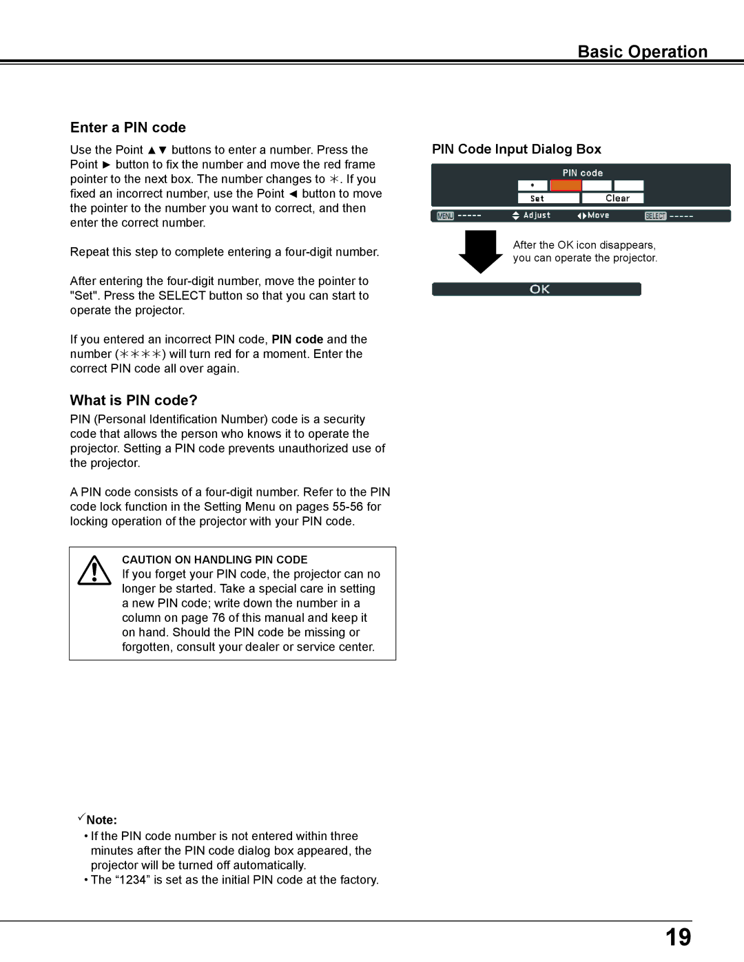 Eiki LC-WS250 owner manual Basic Operation, PIN Code Input Dialog Box 