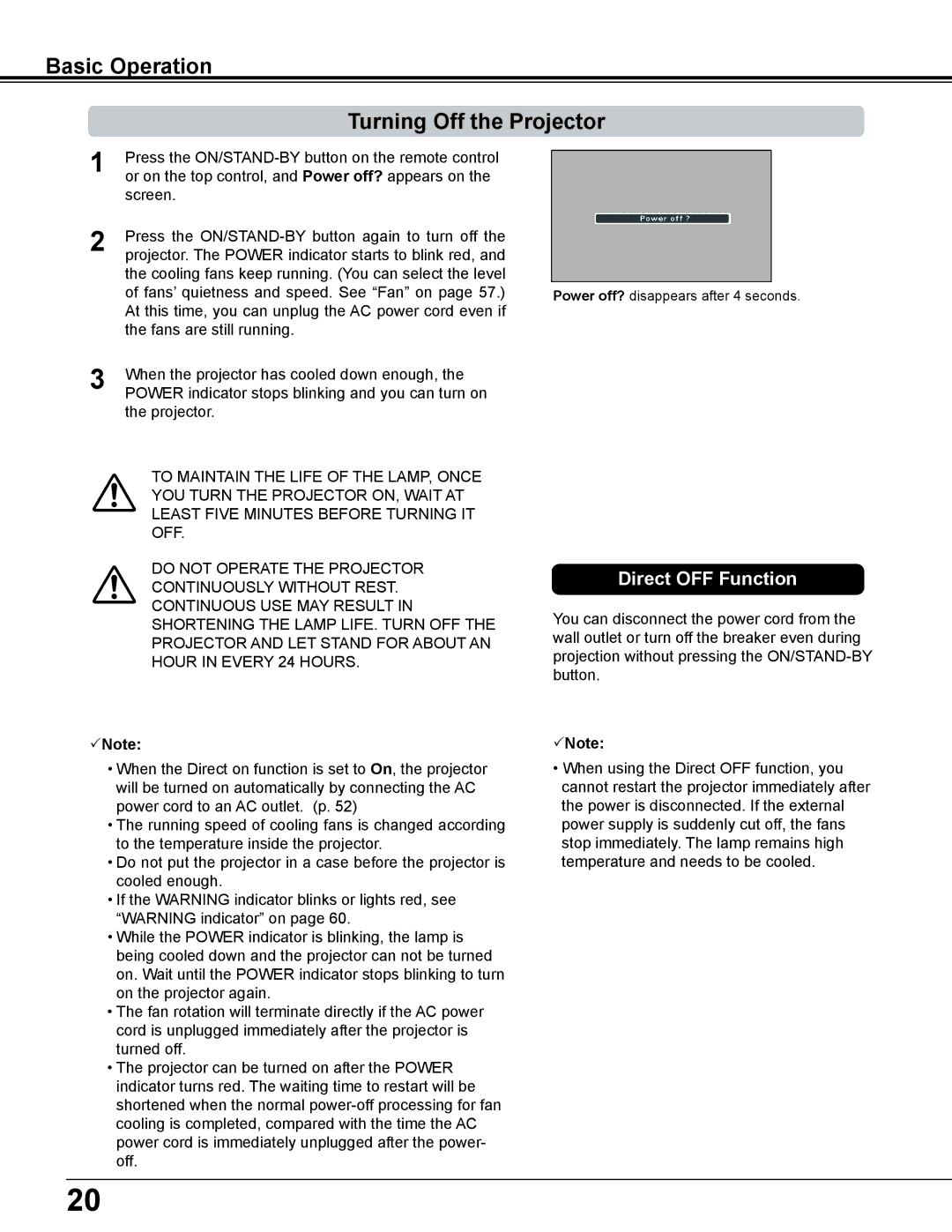 Eiki LC-WS250 owner manual Basic Operation Turning Off the Projector, Direct OFF Function 