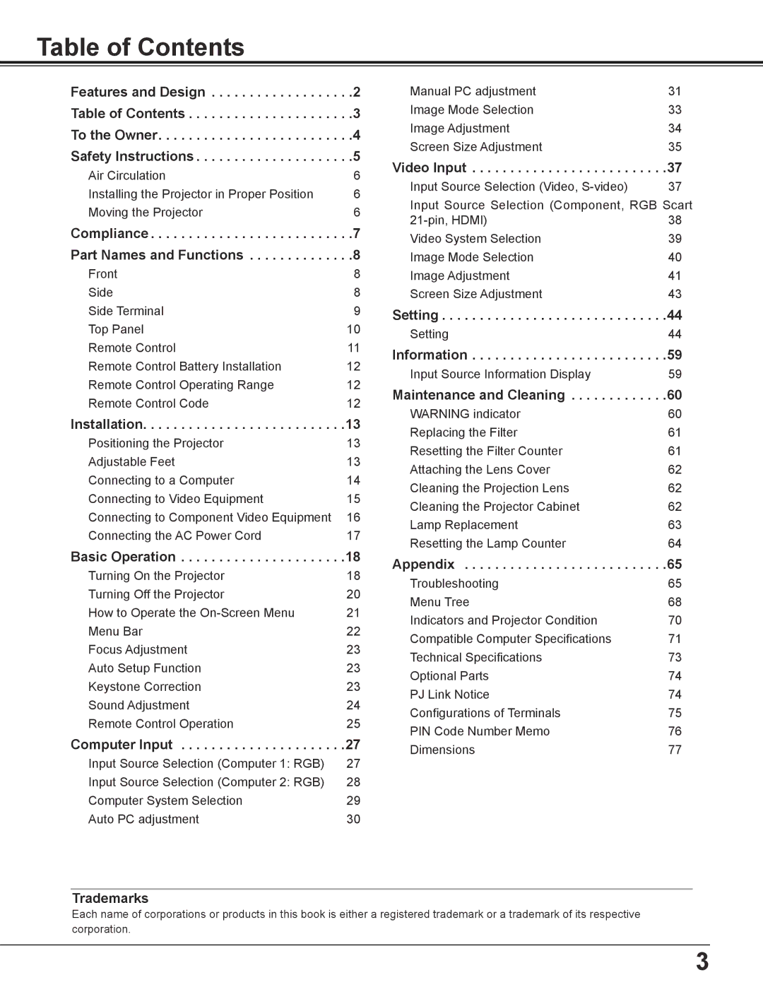 Eiki LC-WS250 owner manual Table of Contents 