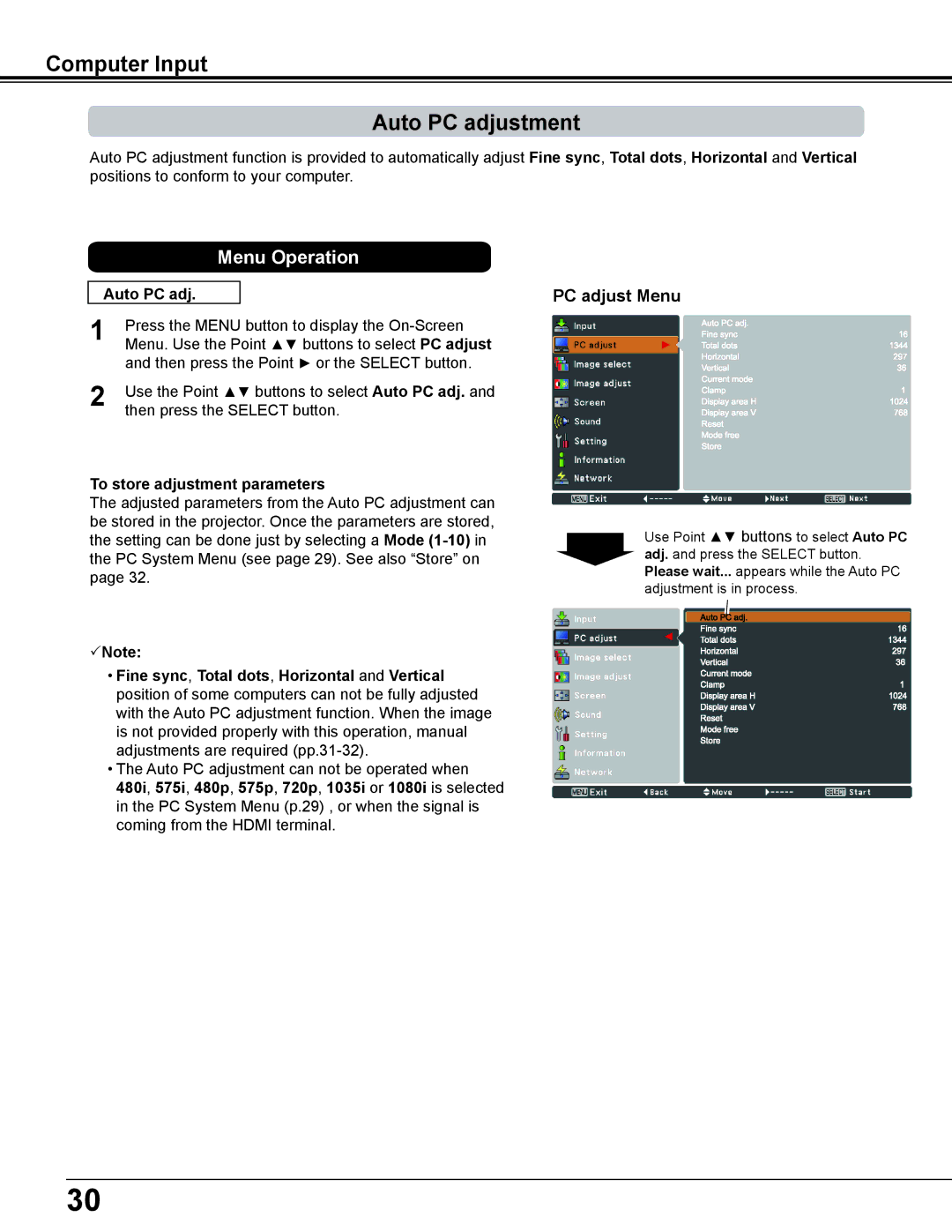 Eiki LC-WS250 owner manual Computer Input Auto PC adjustment, PC adjust Menu, To store adjustment parameters 