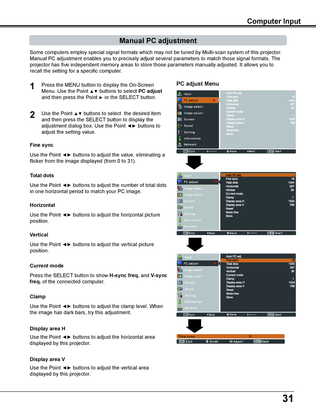 Eiki LC-WS250 owner manual Computer Input Manual PC adjustment 