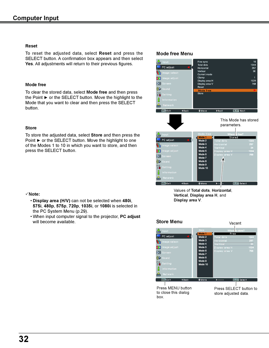 Eiki LC-WS250 owner manual Computer Input, Mode free Menu, Store Menu 