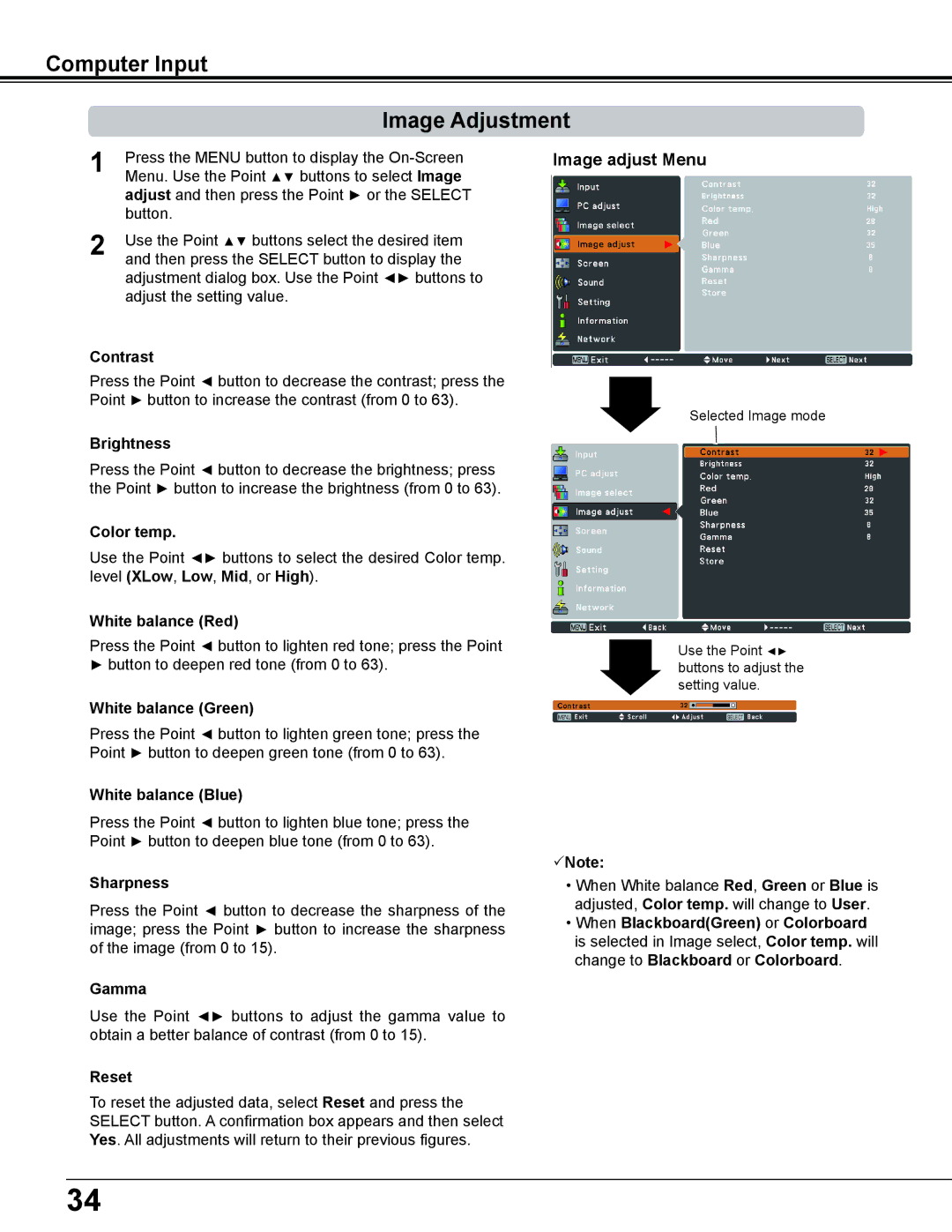 Eiki LC-WS250 owner manual Computer Input Image Adjustment, Image adjust Menu 