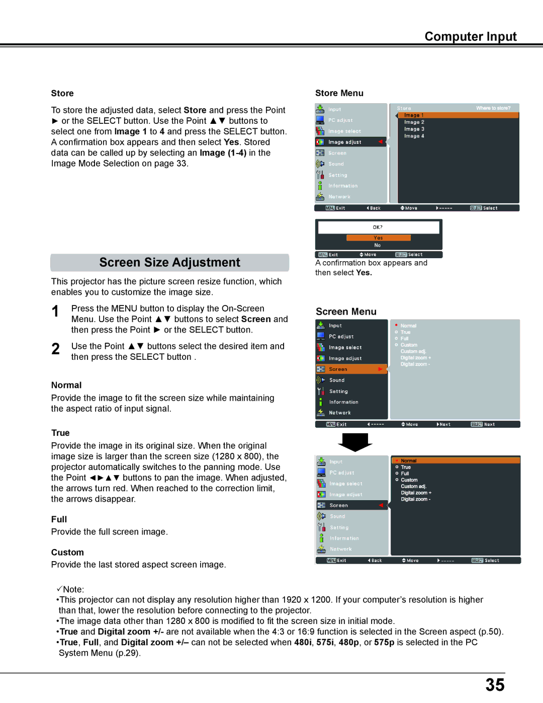 Eiki LC-WS250 owner manual Screen Size Adjustment, Screen Menu 