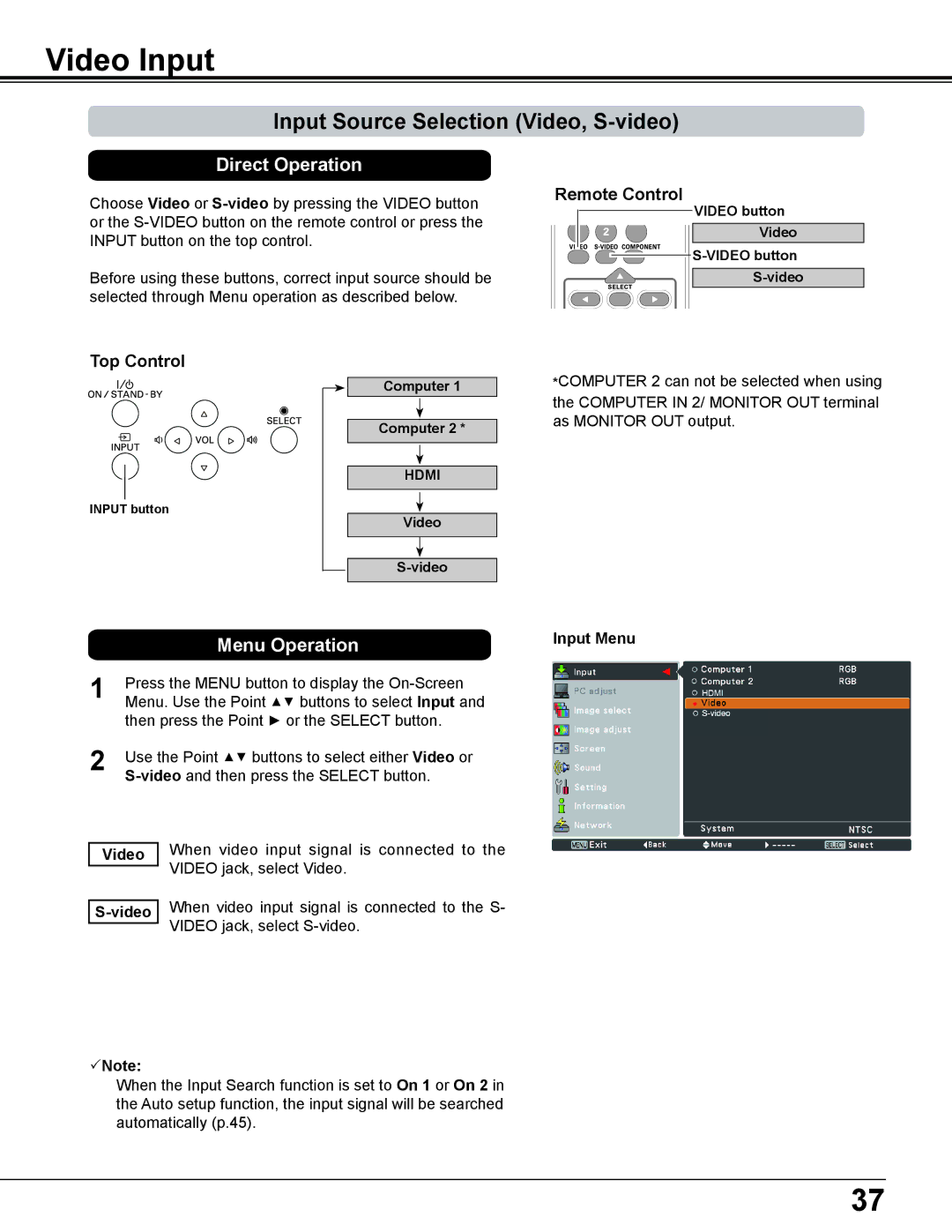 Eiki LC-WS250 Video Input, Input Source Selection Video, S-video, Video Note, Video button Video button S-video 