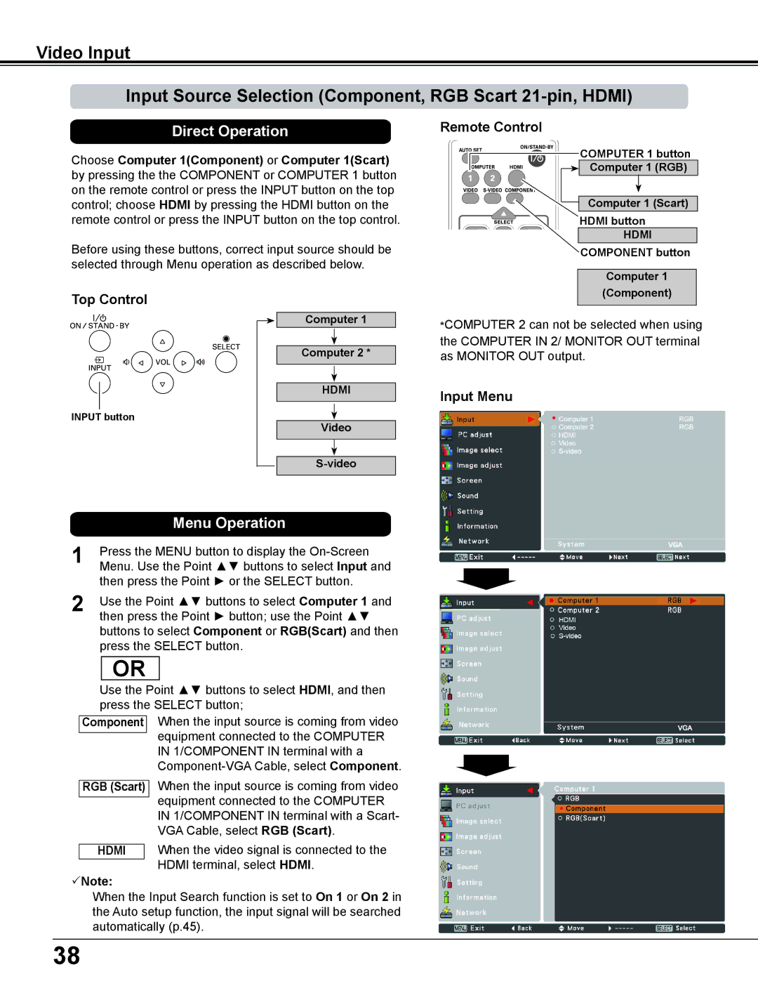 Eiki LC-WS250 owner manual Computer 1 RGB, Computer 1 Scart, Hdmi button, Component button, Video Component 