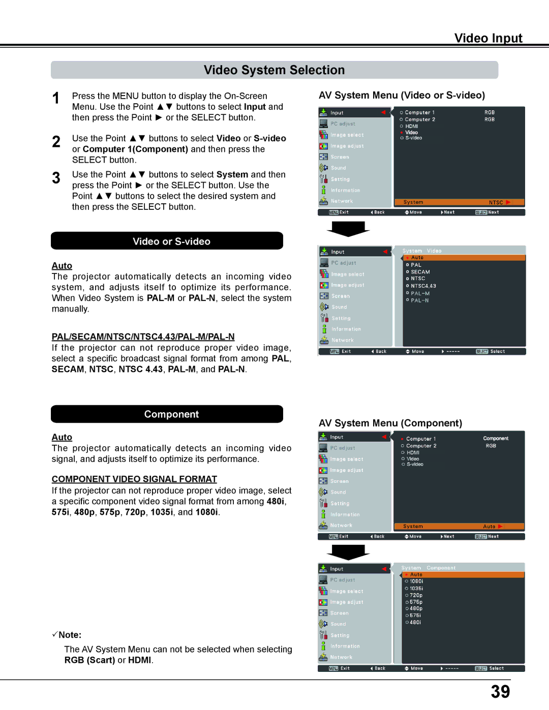 Eiki LC-WS250 Video Input Video System Selection, AV System Menu Video or S-video, AV System Menu Component, Auto 