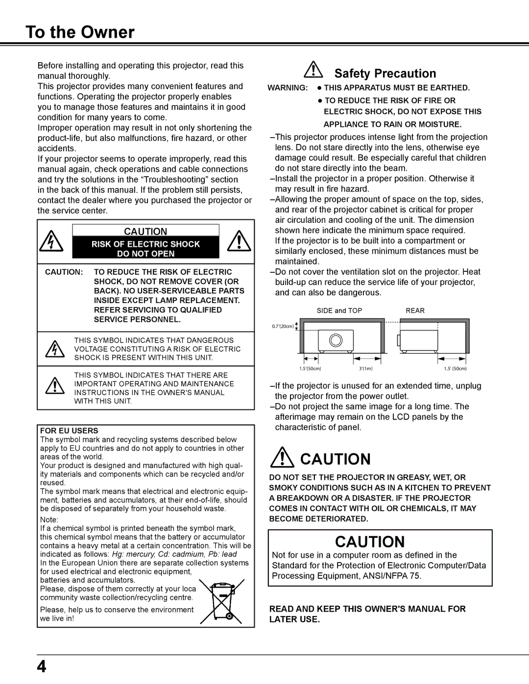 Eiki LC-WS250 owner manual To the Owner, Safety Precaution 