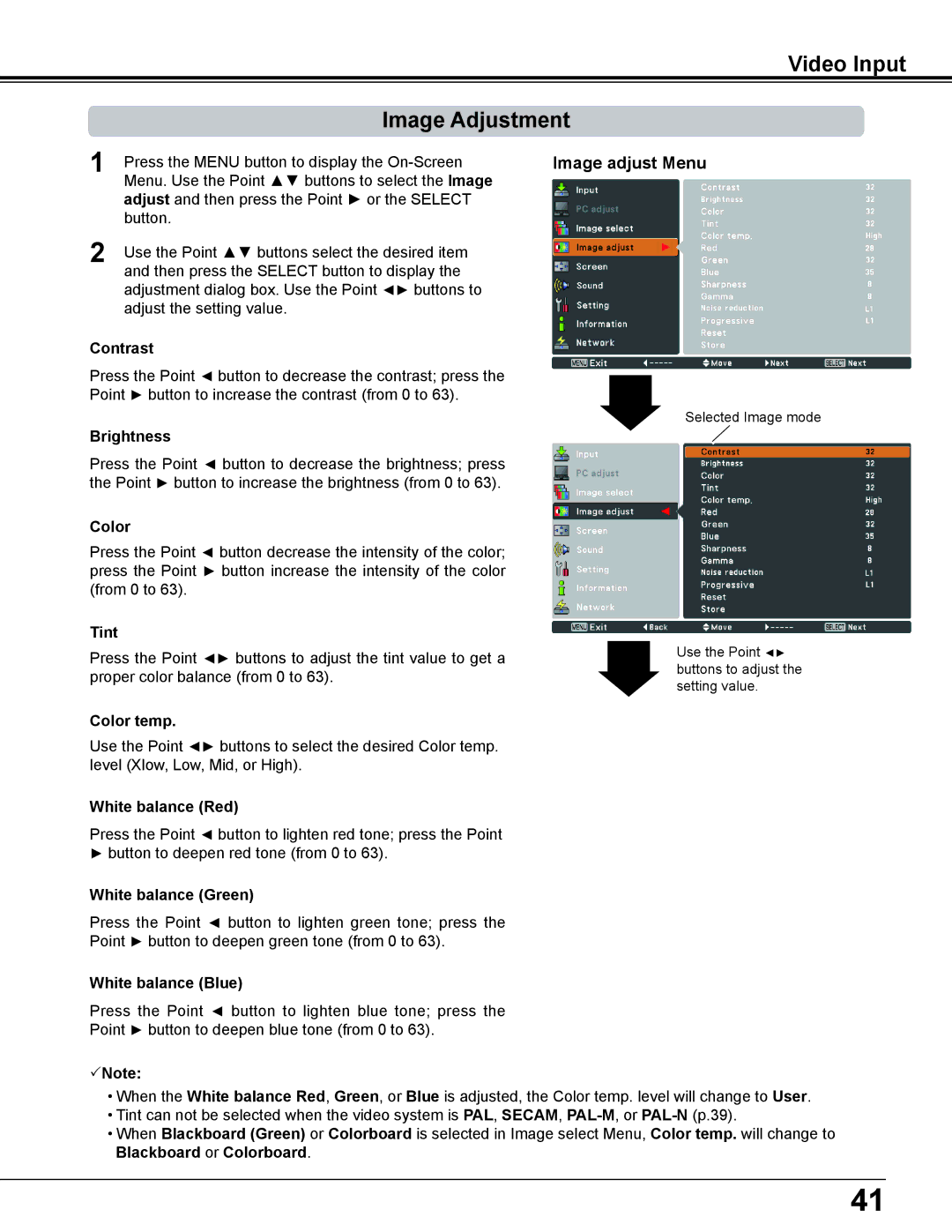 Eiki LC-WS250 owner manual Video Input Image Adjustment, Image adjust Menu, Tint, Blackboard or Colorboard 