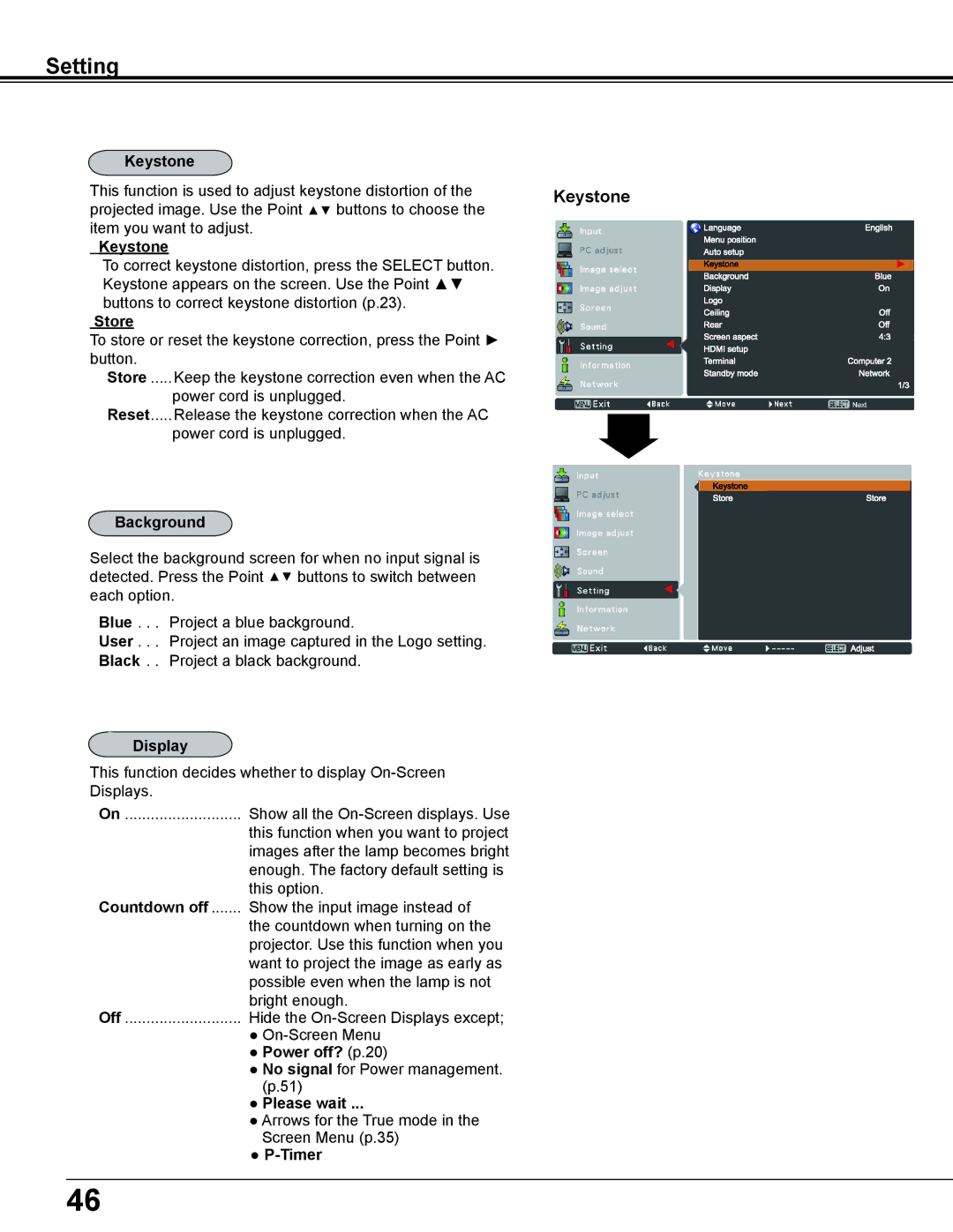 Eiki LC-WS250 owner manual Keystone, Background, Display, Countdown off, Power off? p.20, Please wait, Timer 