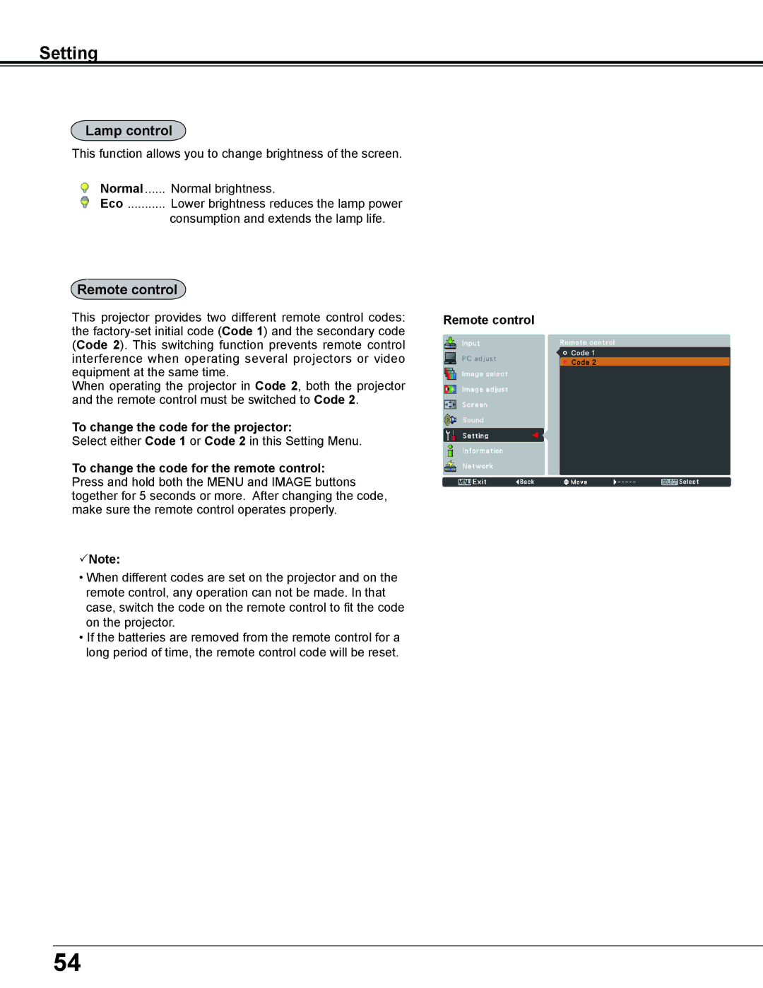 Eiki LC-WS250 owner manual Lamp control, Remote control, To change the code for the projector 