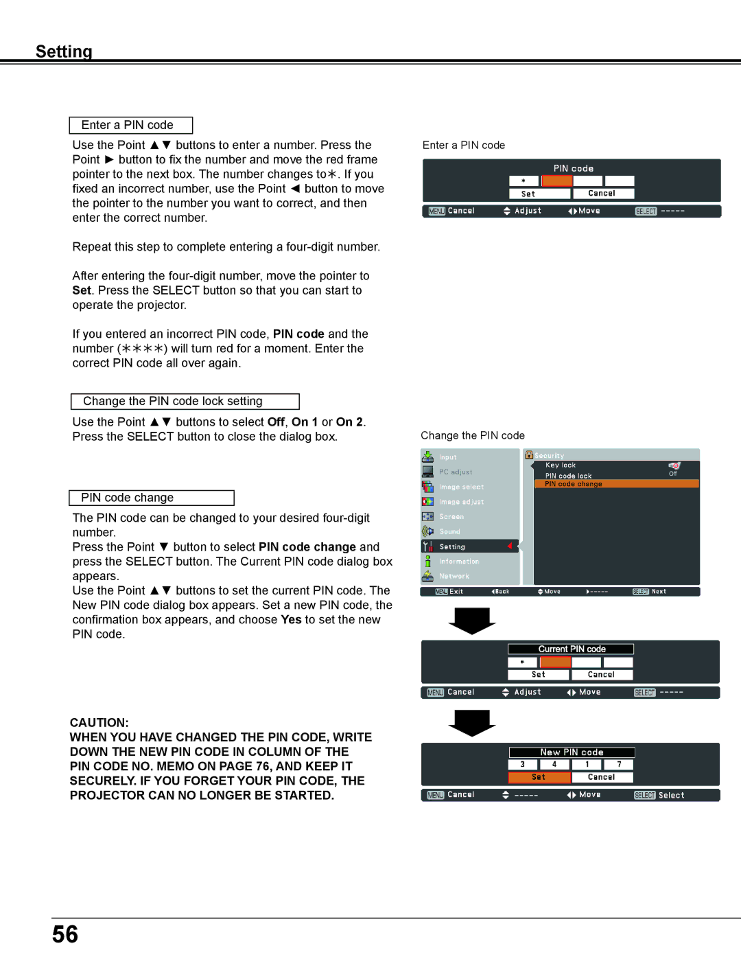 Eiki LC-WS250 owner manual Enter a PIN code Change the PIN code 