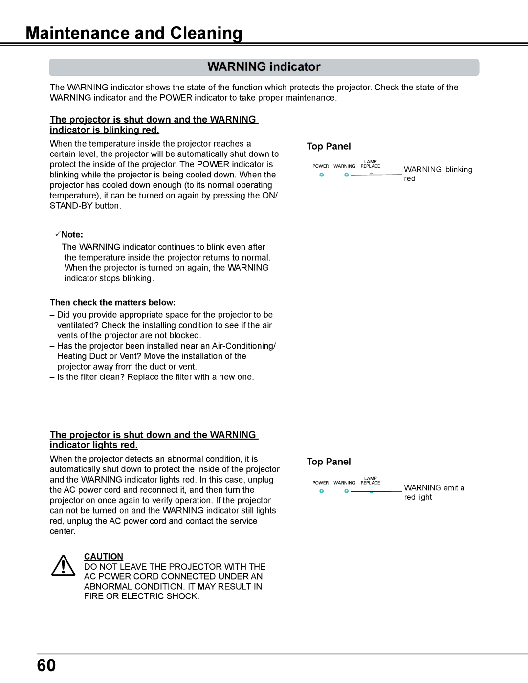 Eiki LC-WS250 owner manual Maintenance and Cleaning, Projector is shut down and the Warning indicator lights red 