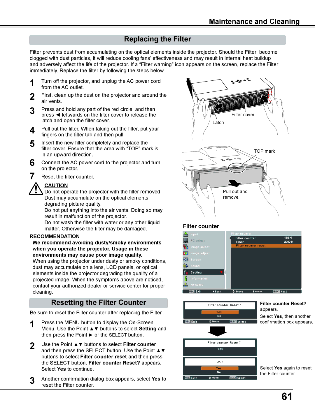 Eiki LC-WS250 Maintenance and Cleaning Replacing the Filter, Resetting the Filter Counter, Filter counter Reset? 