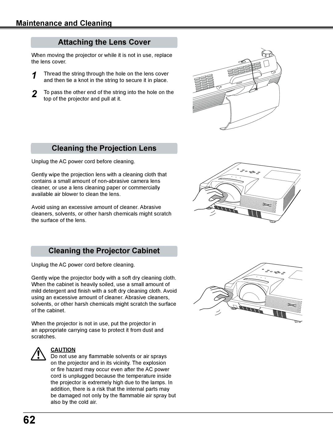 Eiki LC-WS250 owner manual Maintenance and Cleaning Attaching the Lens Cover, Cleaning the Projection Lens 