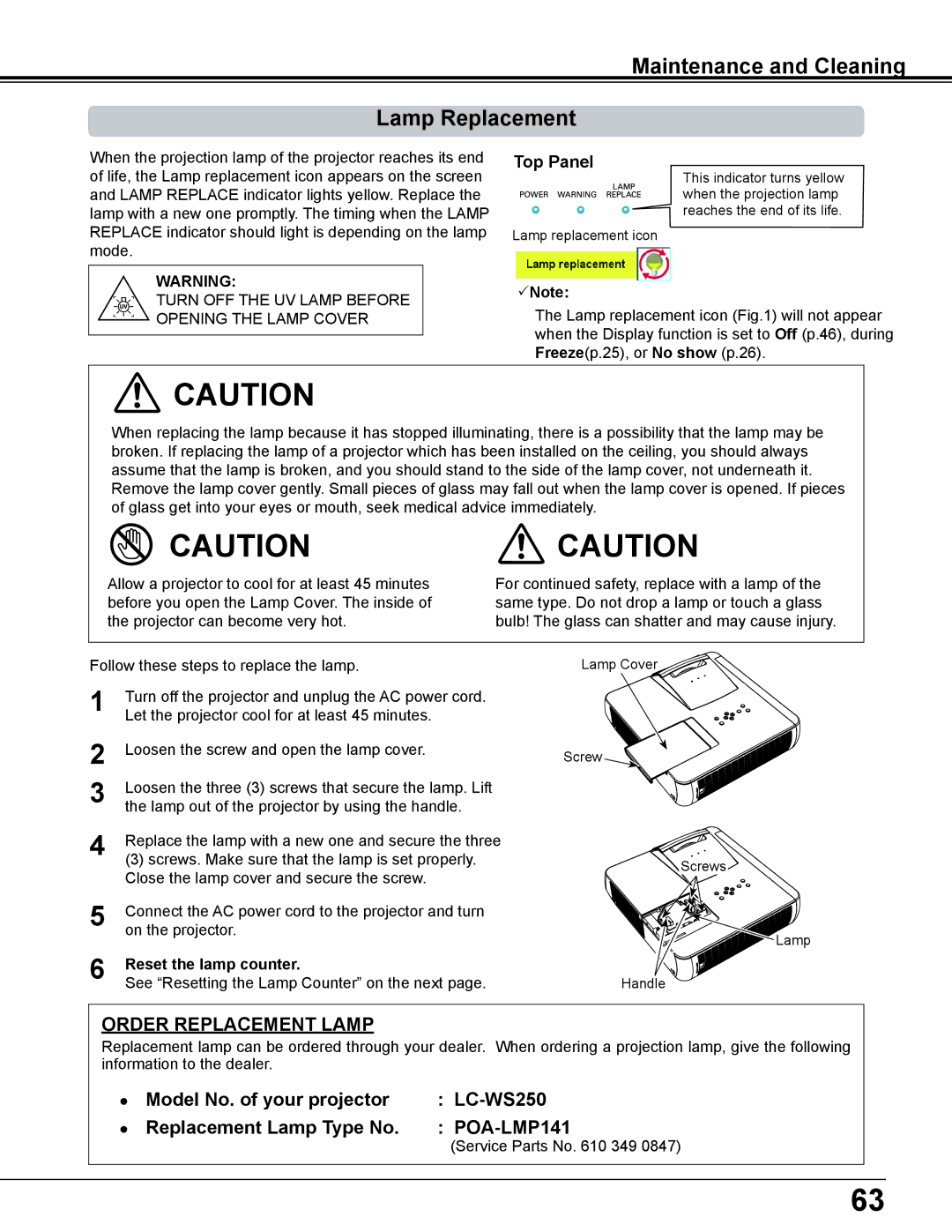 Eiki LC-WS250 owner manual Top Panel, Reset the lamp counter, Service Parts No 349 