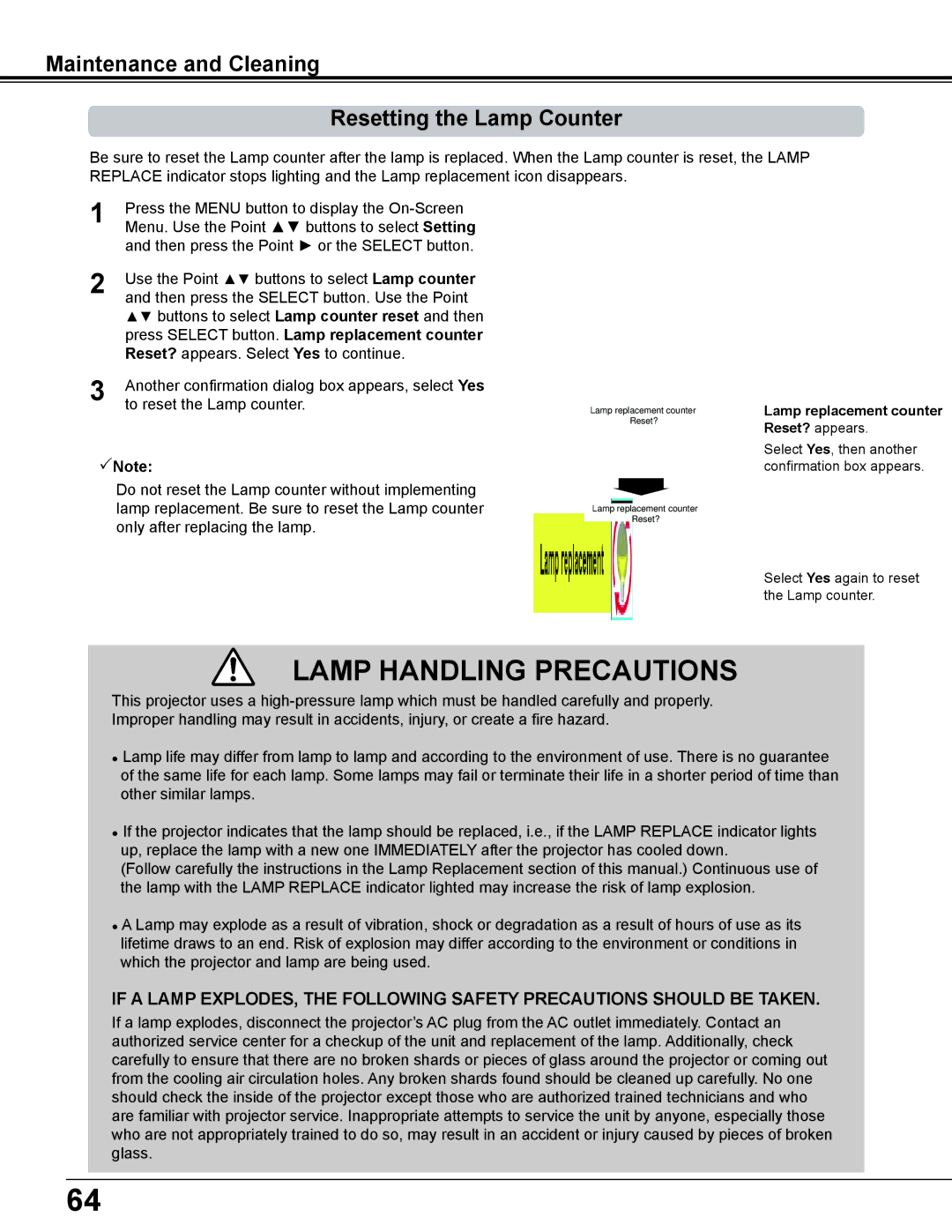 Eiki LC-WS250 Maintenance and Cleaning Resetting the Lamp Counter, Press Select button. Lamp replacement counter 