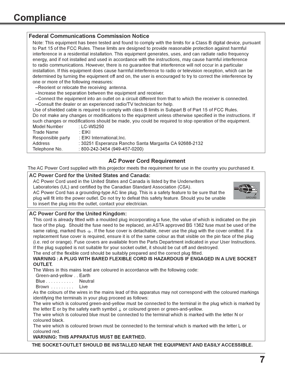 Eiki LC-WS250 owner manual Compliance, AC Power Cord for the United States and Canada, AC Power Cord for the United Kingdom 