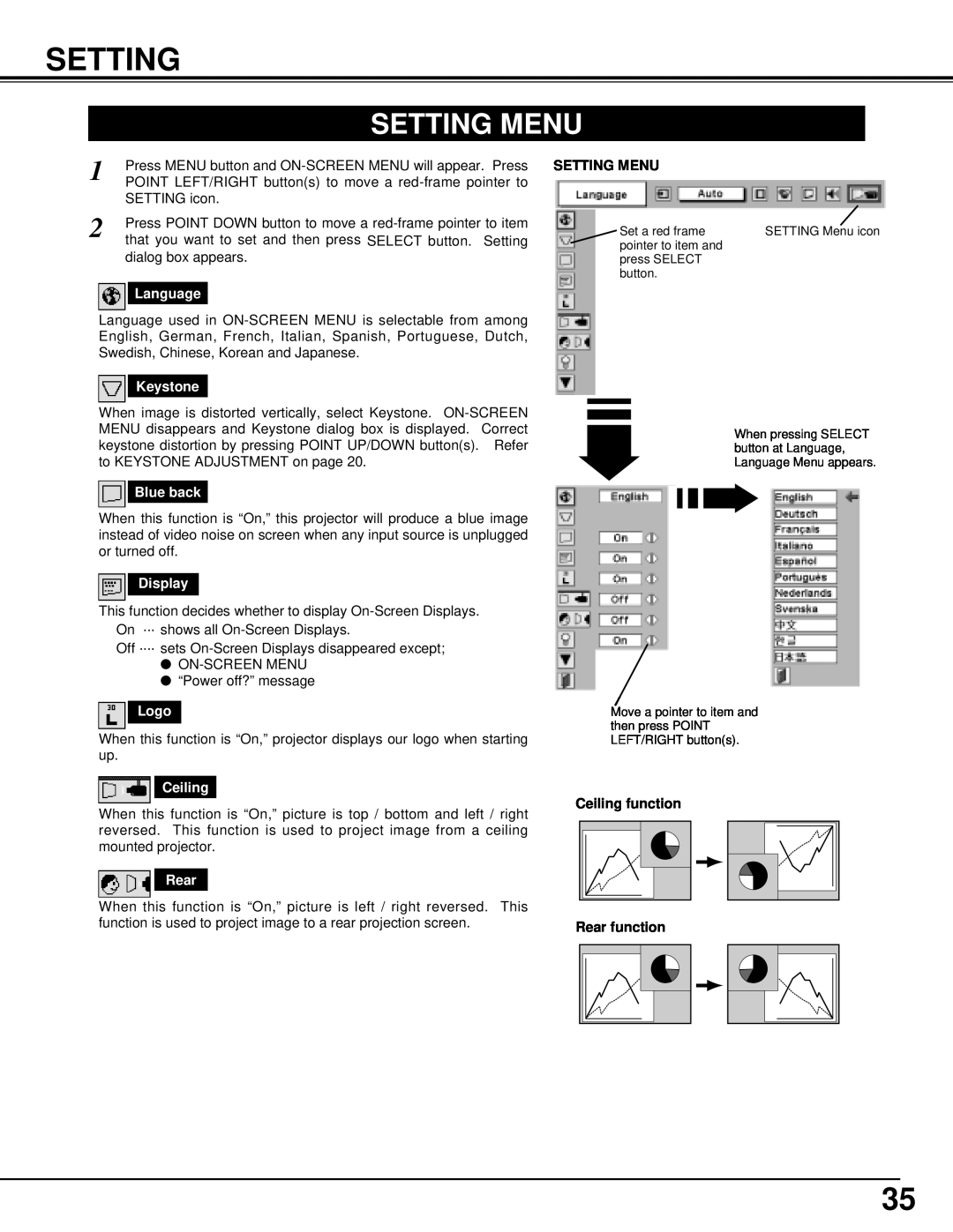 Eiki LC-X1000 instruction manual Setting Menu, Ceiling function Rear function 