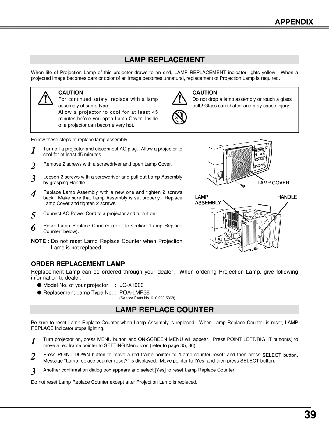 Eiki LC-X1000 instruction manual Appendix Lamp Replacement, Lamp Replace Counter, Order Replacement Lamp 