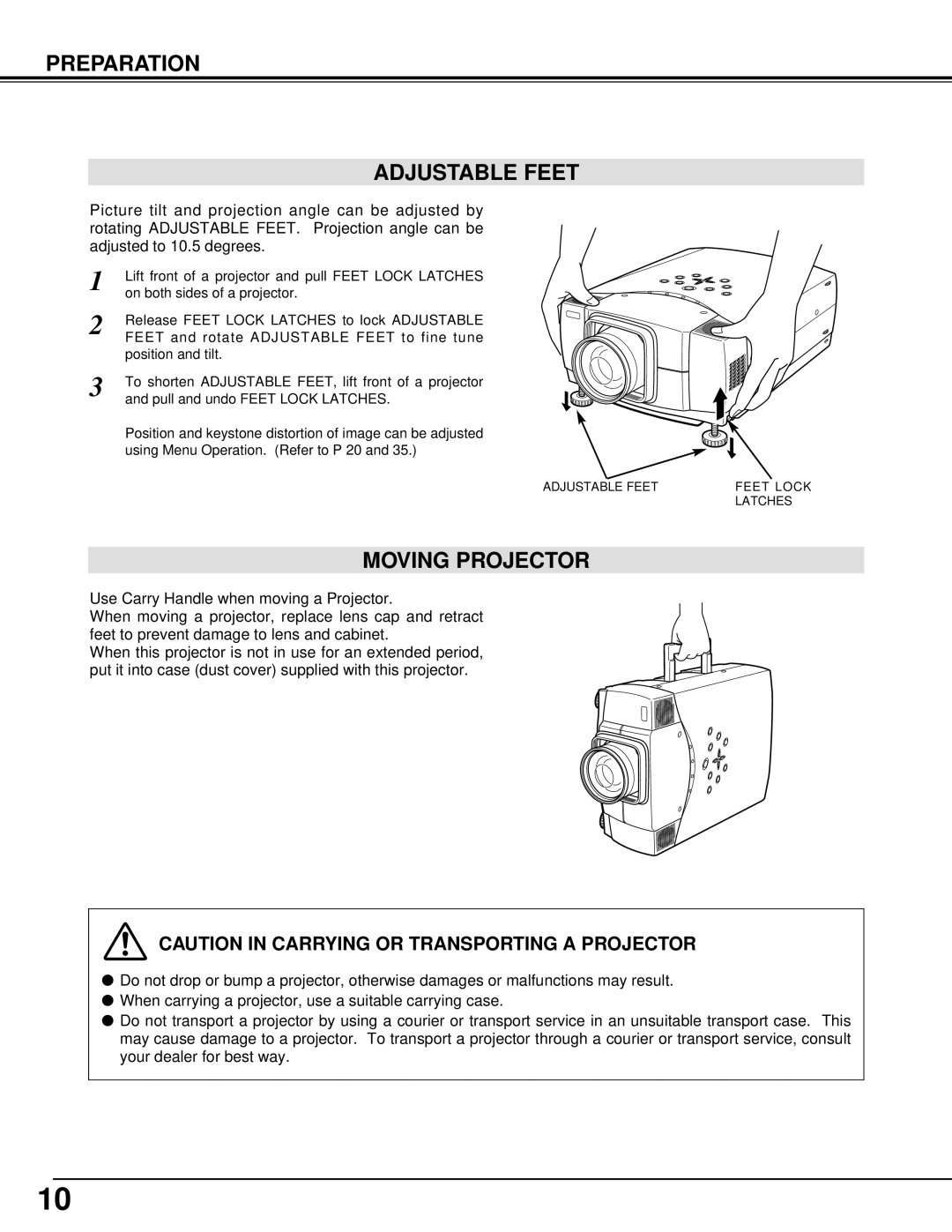 Eiki LC-X1000 instruction manual Preparation Adjustable Feet, Moving Projector 