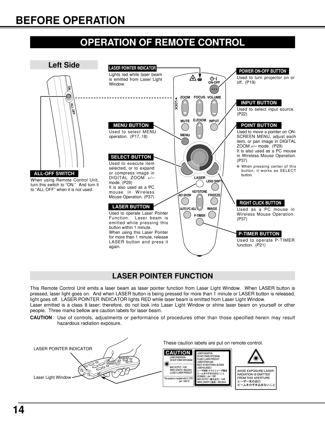 Eiki LC-X1000 instruction manual Before Operation, Operation of Remote Control, Laser Pointer Function 