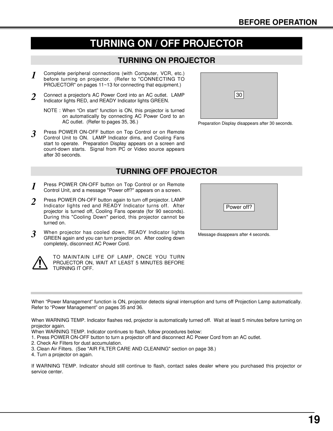 Eiki LC-X1000 instruction manual Turning on / OFF Projector, Turning on Projector, Turning OFF Projector 