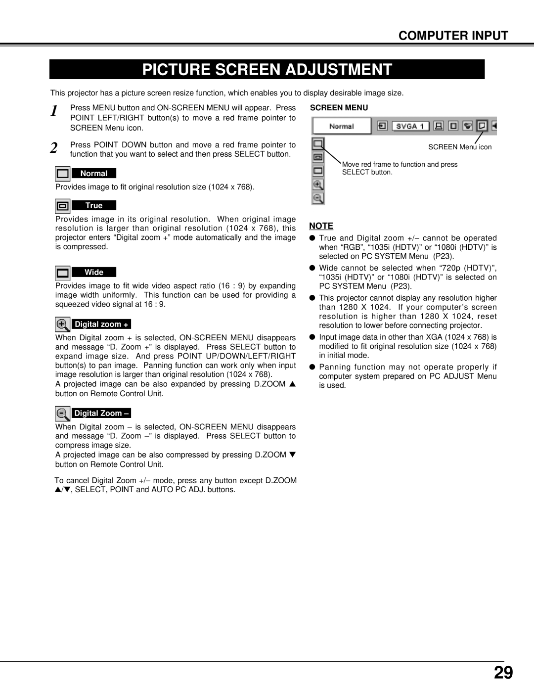 Eiki LC-X1000 instruction manual Picture Screen Adjustment, Screen Menu 