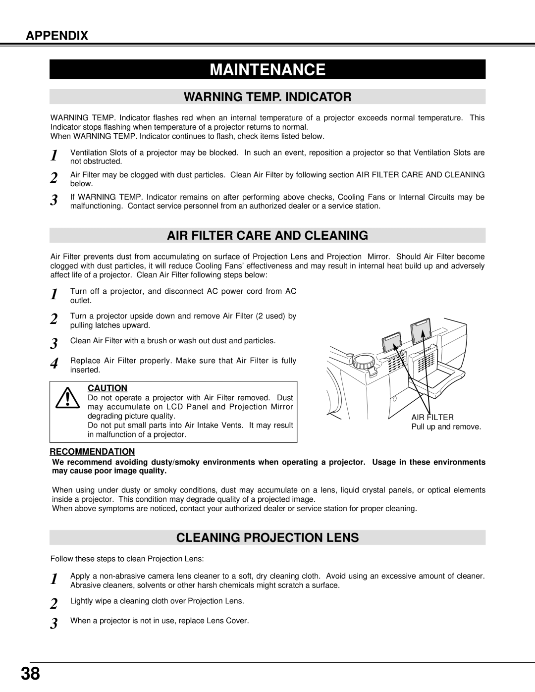 Eiki LC-X1000 instruction manual Maintenance, AIR Filter Care and Cleaning, Cleaning Projection Lens 