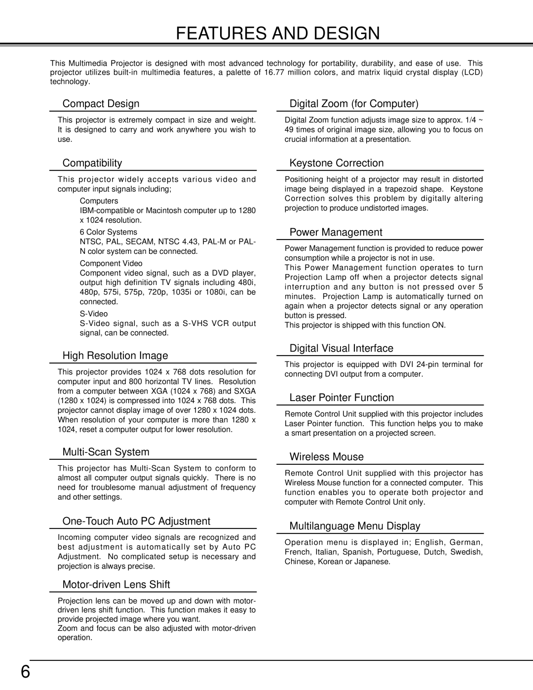 Eiki LC-X1000 instruction manual Features and Design, Compact Design Digital Zoom for Computer 