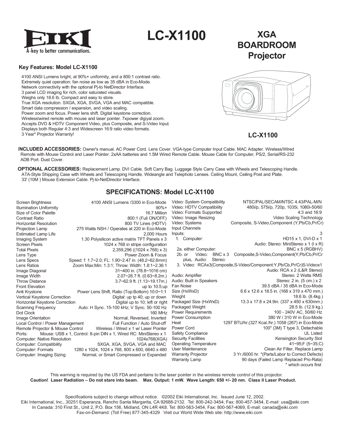 Eiki specifications XGA Boardroom, Projector, Specifications Model LC-X1100 