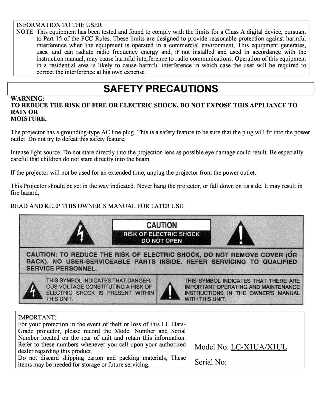 Eiki LC-X1UL instruction manual Safety Precautions, Model No: LC-X1UA/X1UL Serial No:________________ 