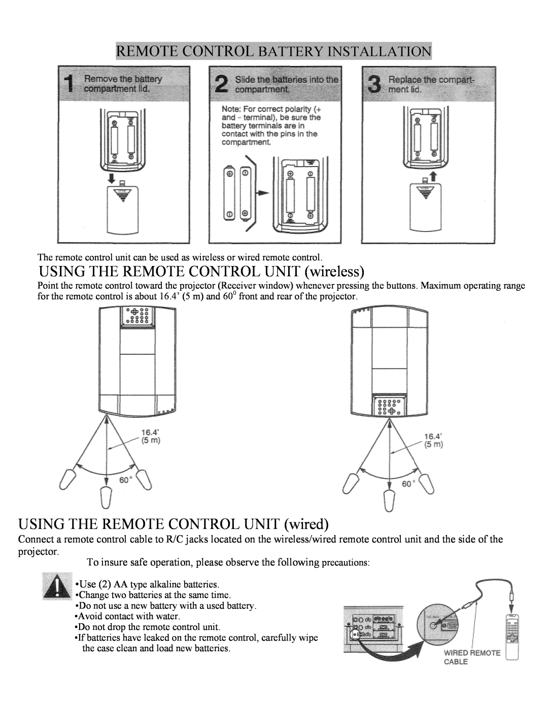 Eiki LC-X1UL, LC-X1UA instruction manual USING THE REMOTE CONTROL UNIT wireless, USING THE REMOTE CONTROL UNIT wired 
