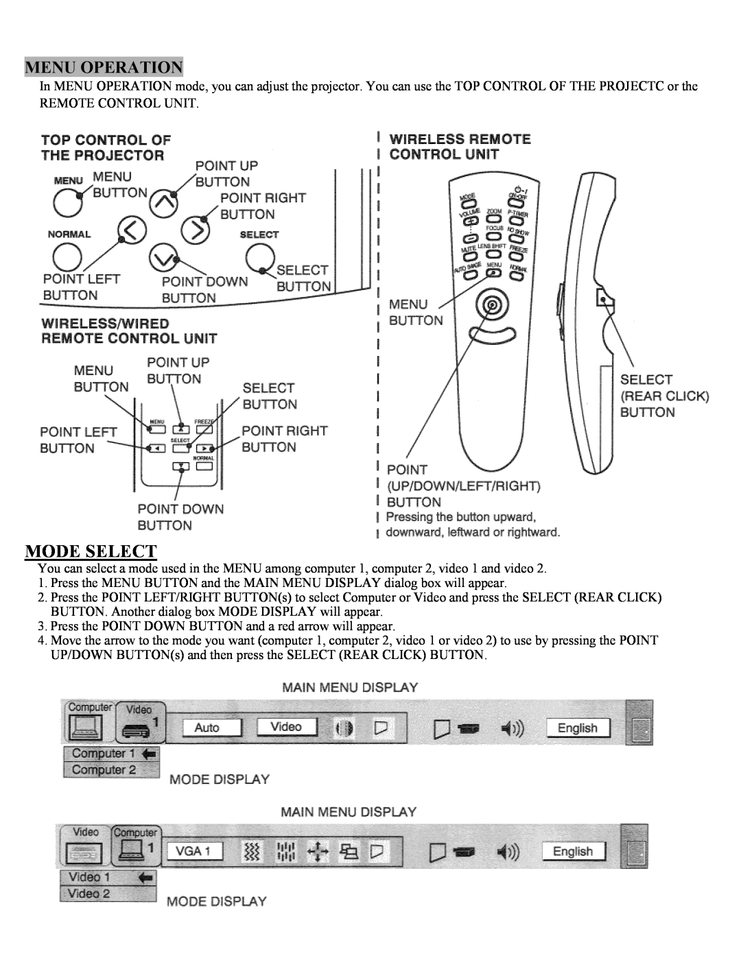 Eiki LC-X1UL, LC-X1UA instruction manual Mode Select, Menu Operation 