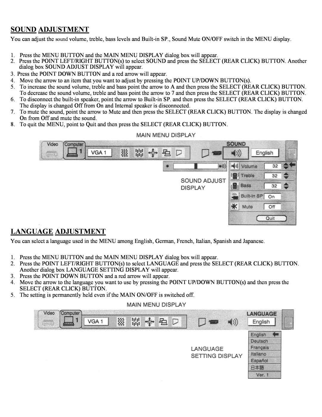 Eiki LC-X1UA, LC-X1UL instruction manual Sound Adjustment, Language Adjustment 