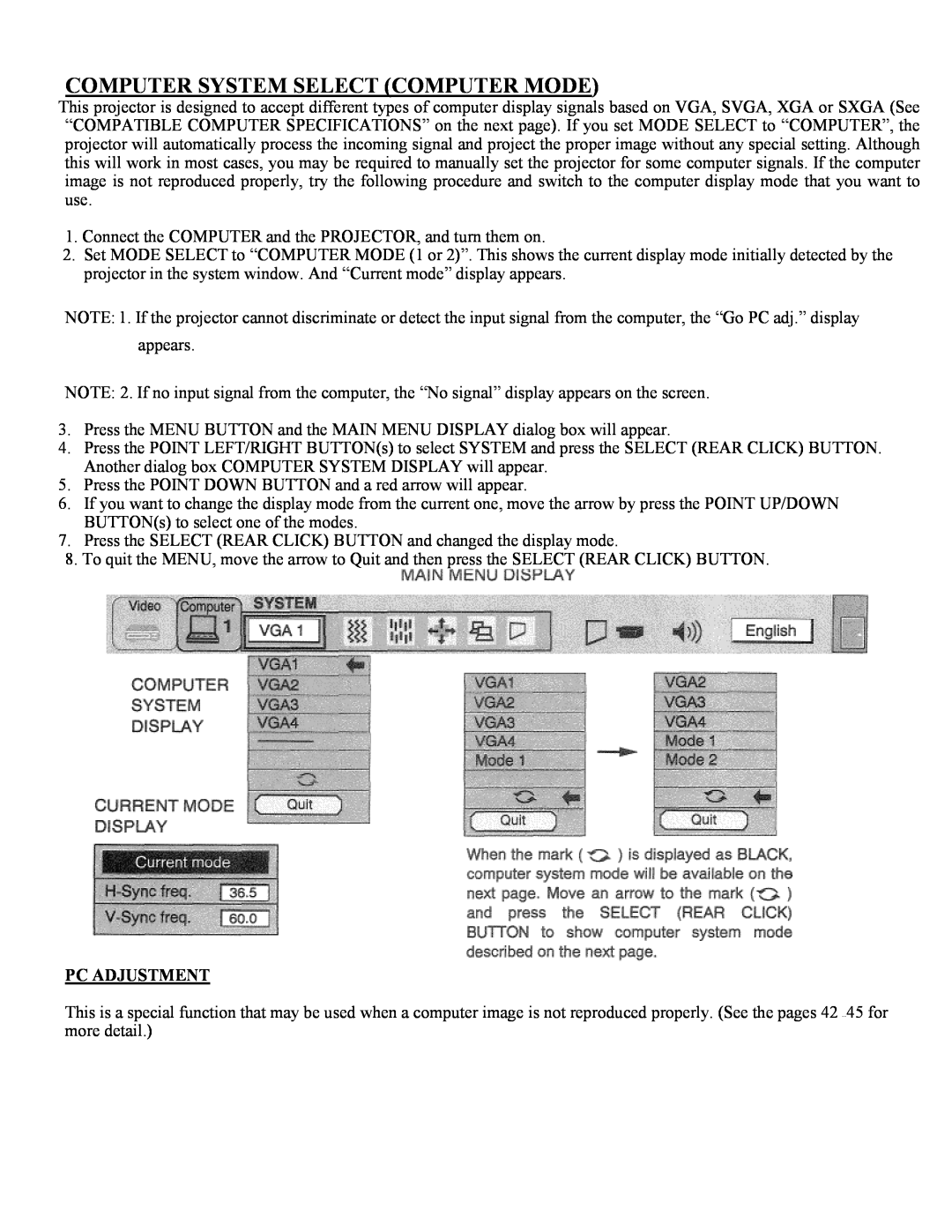 Eiki LC-X1UL, LC-X1UA instruction manual Computer System Select Computer Mode 