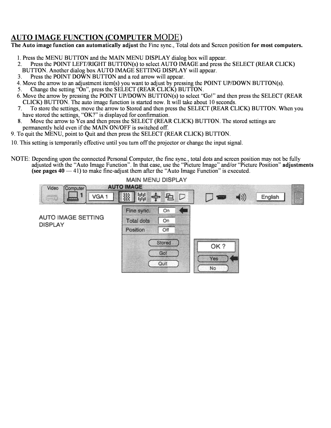 Eiki LC-X1UL, LC-X1UA instruction manual Auto Image Function Computer Mode 