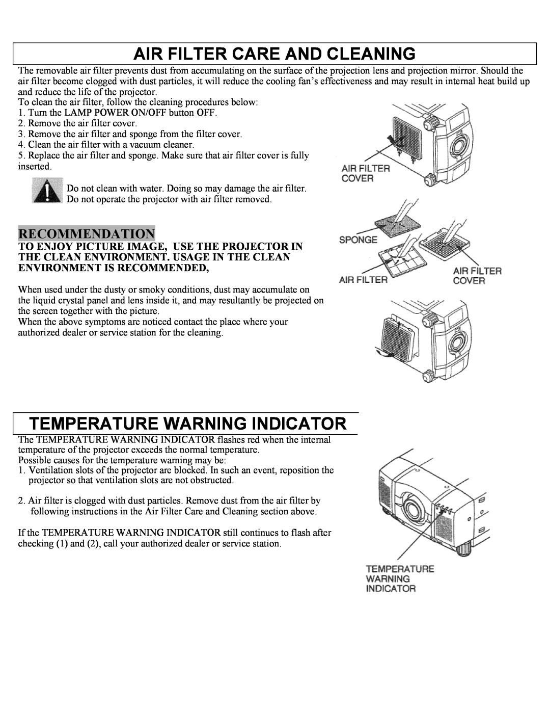 Eiki LC-X1UA, LC-X1UL instruction manual Air Filter Care And Cleaning, Temperature Warning Indicator, Recommendation 