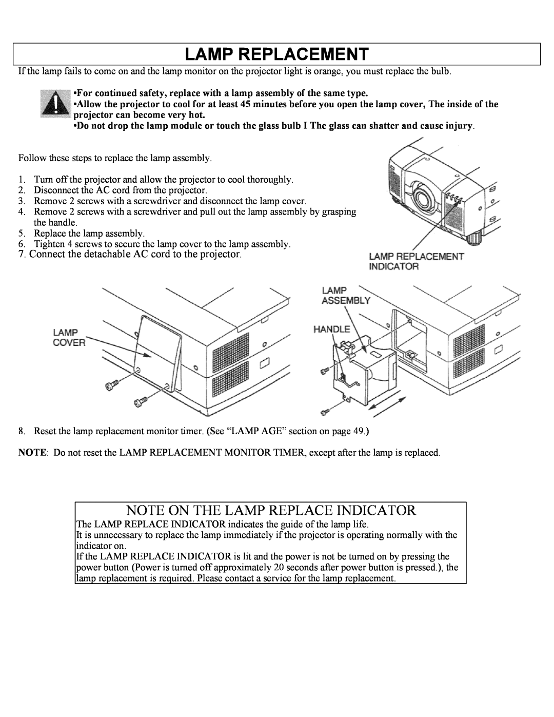 Eiki LC-X1UL, LC-X1UA instruction manual Lamp Replacement, Note On The Lamp Replace Indicator 